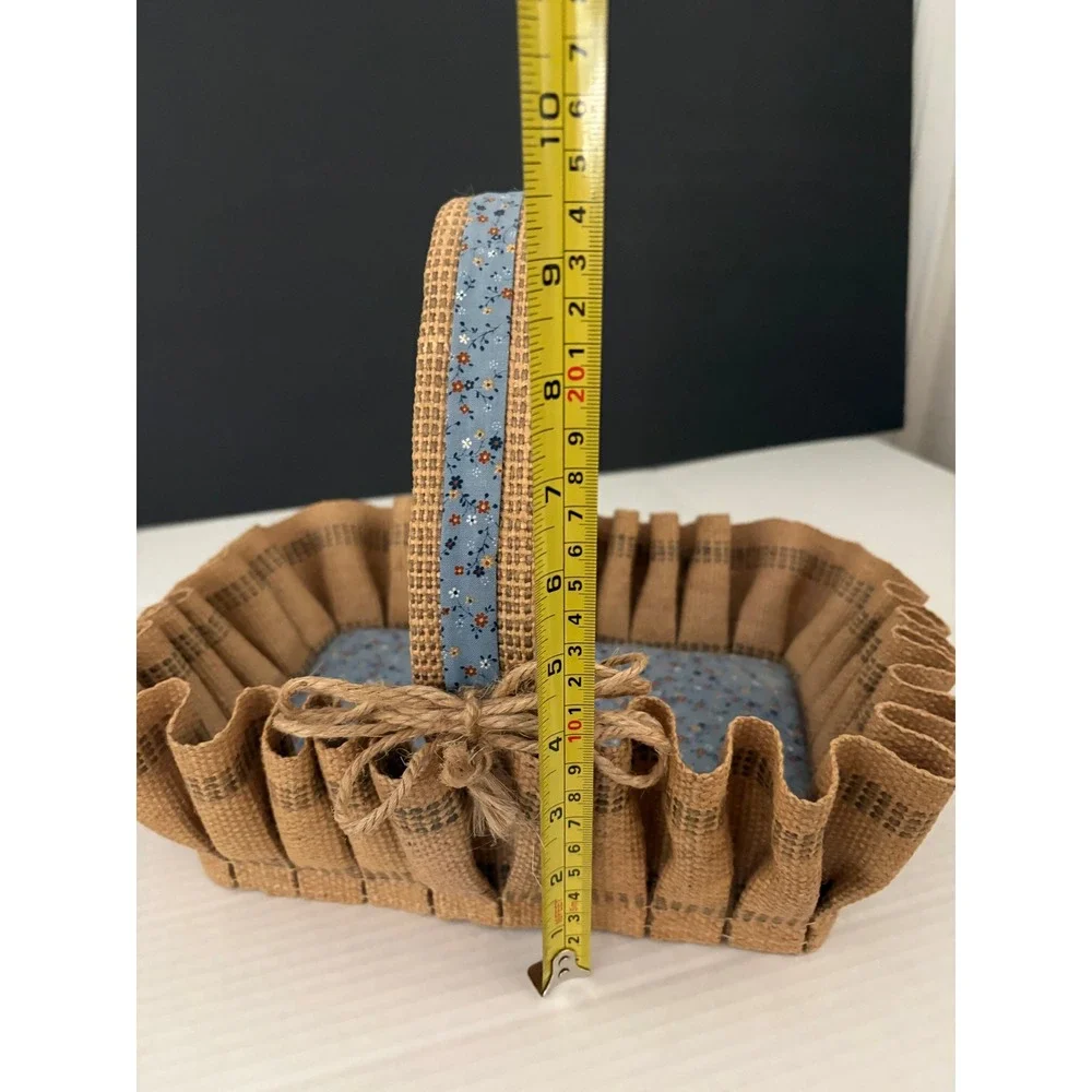 VTG Handmade Burlap Basket Farmhouse Primitive Rustic‎ Tan Blue Floral Handle